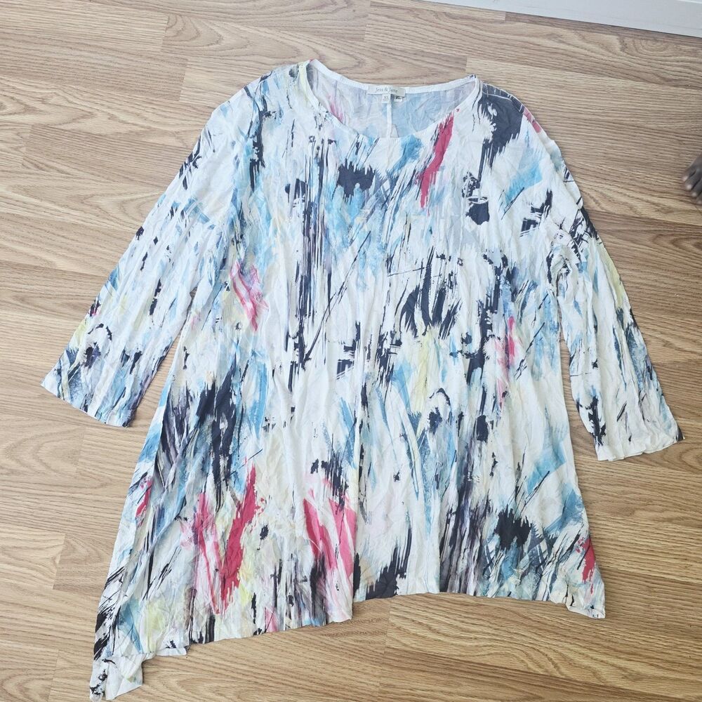 Jess & Jane Abstract Print Asymmetrical Hem Tunic Top Size XL Wearable Art